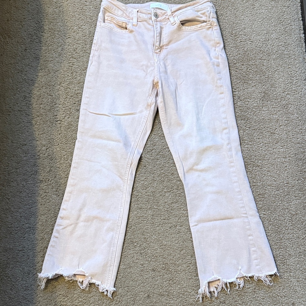 Elegant Cream Frayed Hem Flare Jeans